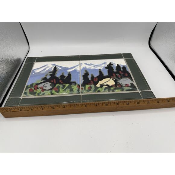 Paul Lewing Handcrafted Art Tile Mountain Forest Scene Framed Seattle 12”x8” - Picture 3 of 4